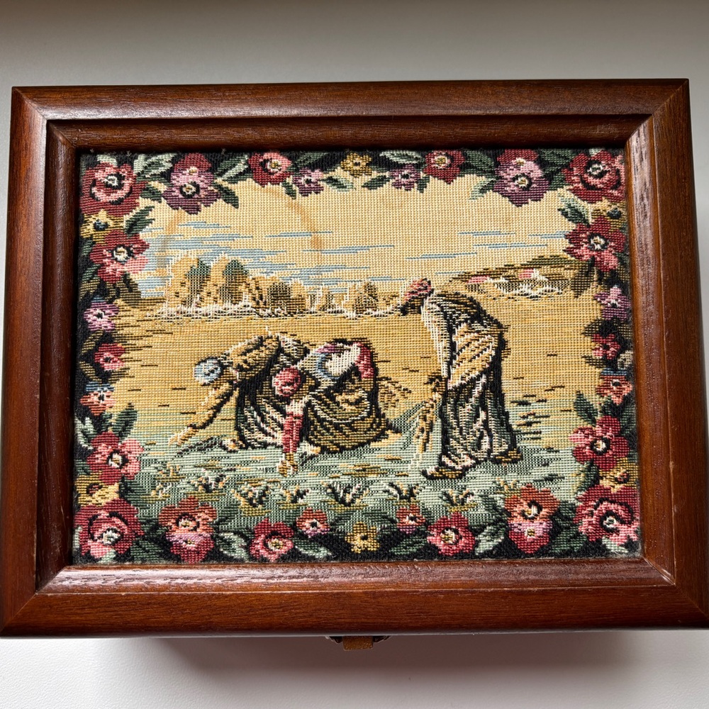 VINTAGE Wooden Jewelry Box with Tapestry Inlay